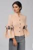 Federica 2 suit, floral brocade jacket and woollen, full length, bell trousers, detachable sleeve brooches