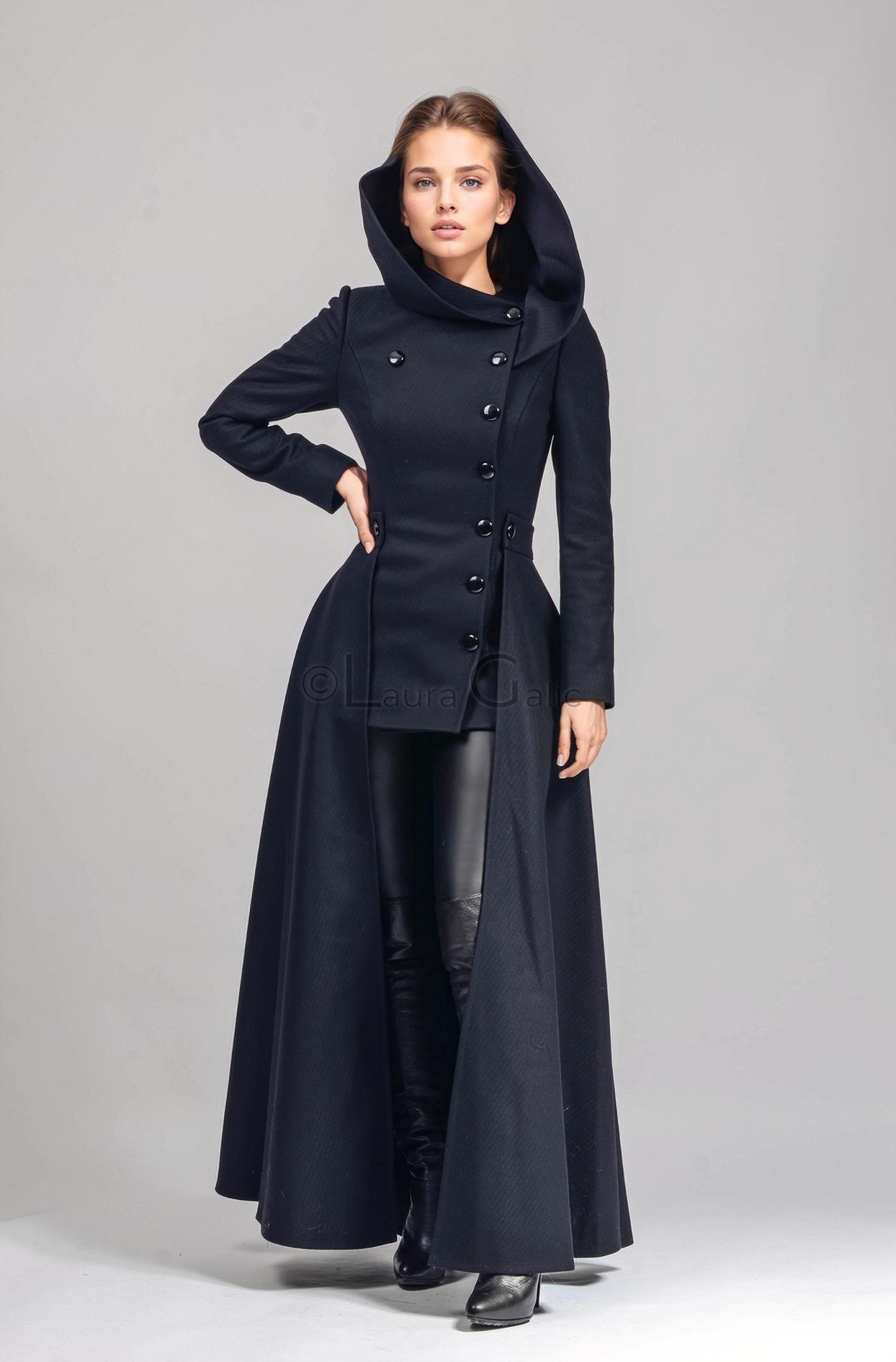 Long 100 wool Coat with detachable Hood detachable multi way skirt Rebecca 1 Coat detachable cape