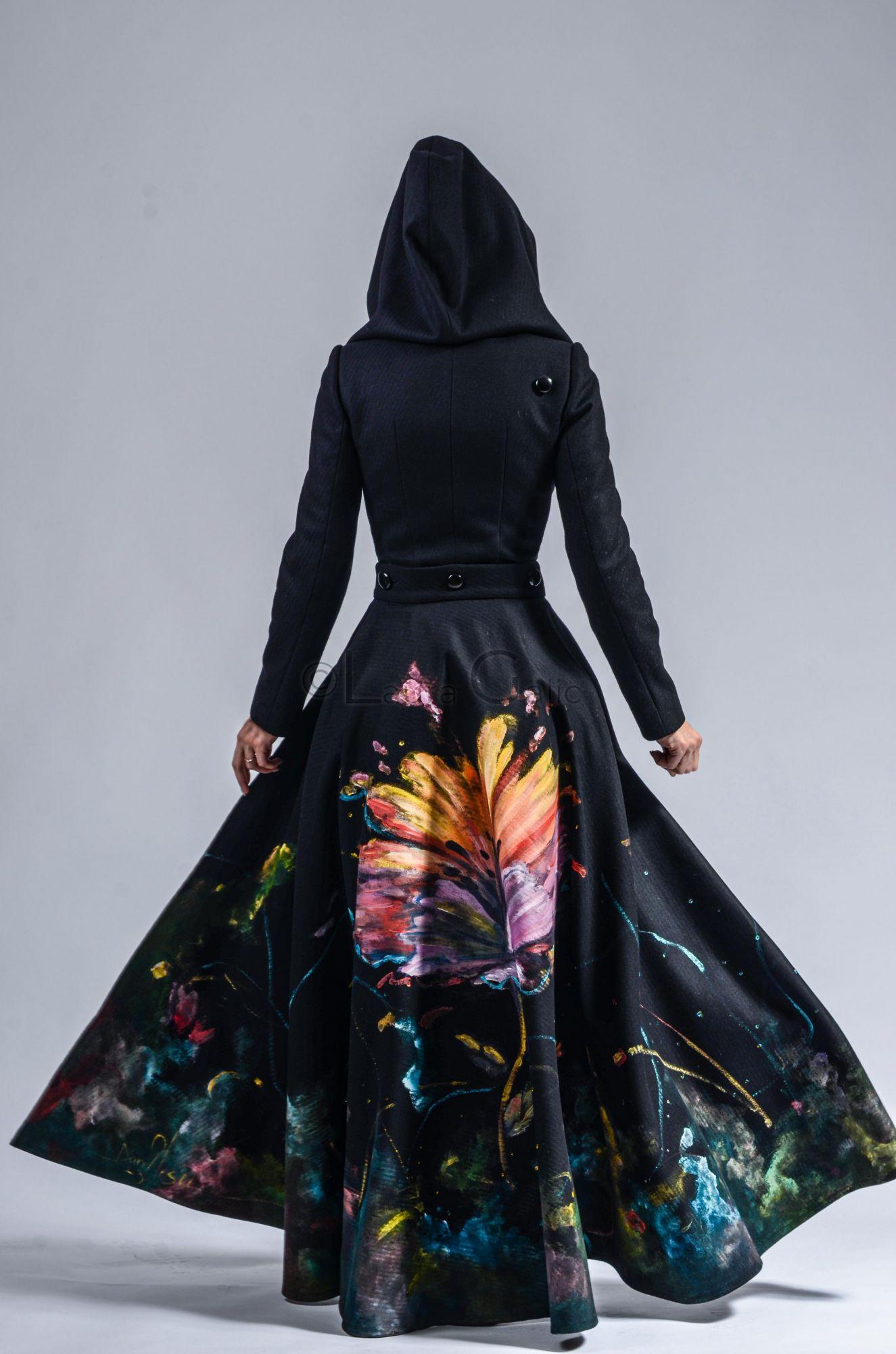 Long 100 wool Coat with detachable Hood hand painted detachable