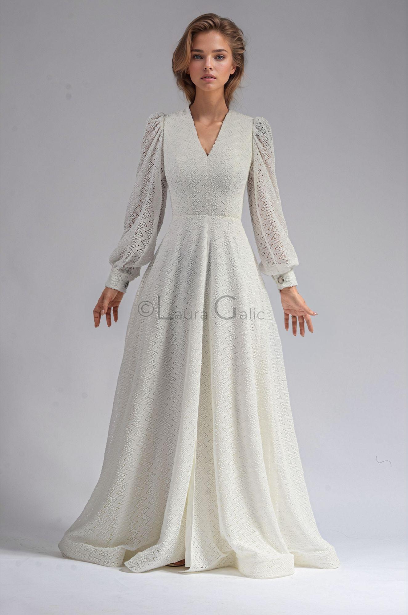 Antonia 3 cotton weaved lace dress with transparent sequins middle slit satin lining Antonia 3 Dress One of a Kind