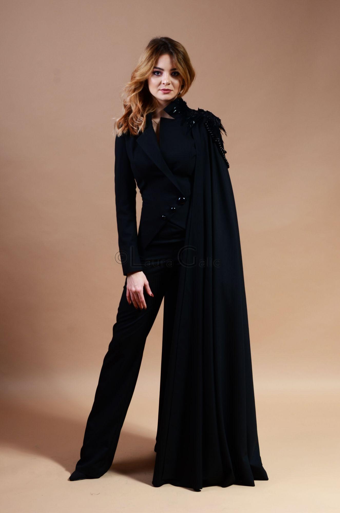 Cape jacket suit with beads feathers and lace appliques Euridice suit