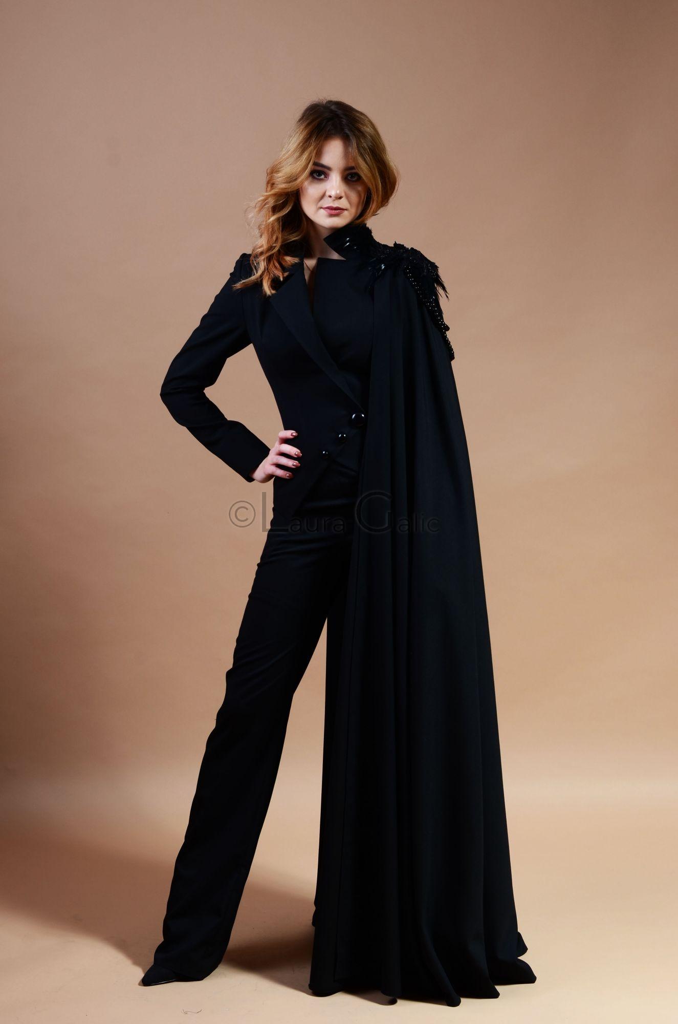 Cape jacket suit with beads feathers and lace appliques